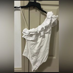 Express Bodysuit White One Shoulder Ruffle Size Medium